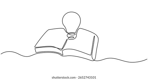 One single line drawing of shining light bulb above open text book logo identity. continuous line draw design graphic vector illustration, Single continuous line drawing of open book with shining