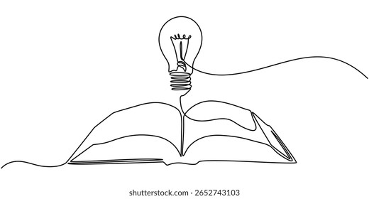 One single line drawing of shining light bulb above open text book logo identity. continuous line draw design graphic vector illustration, Single continuous line drawing of open book with shining