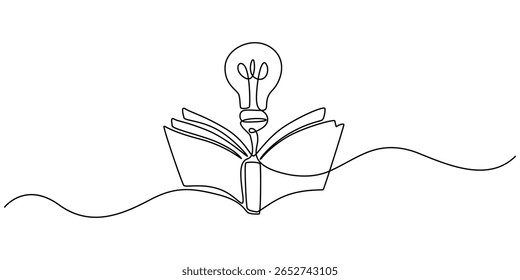 One single line drawing of shining light bulb above open text book logo identity. continuous line draw design graphic vector illustration, Single continuous line drawing of open book with shining