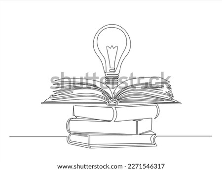 One single line drawing of shining light bulb above open text book logo identity. continuous line draw design graphic vector illustration