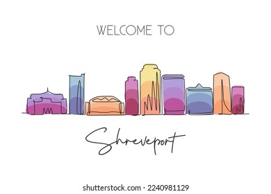 One single line drawing Shreveport city skyline, Louisiana. World historical town landscape. Best holiday destination postcard. Editable stroke trendy continuous line draw design vector illustration