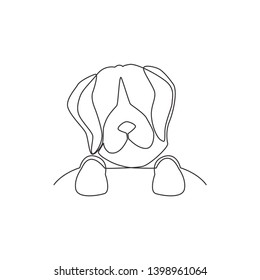 One Single Line Drawing Of Simple Cute Beagle Puppy Dog Head Icon. Pet Shop Logo Emblem Vector Concept. Modern Continuous Line Draw Graphic Design Illustration