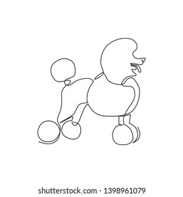 One single line drawing of simple cute poodle puppy dog icon. Pet shop logo emblem vector concept. Modern continuous line draw design graphic illustration