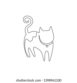 One single line drawing of simple cute cat kitten icon. Kitty pet shop logo emblem vector concept. Modern continuous line draw graphic design illustration