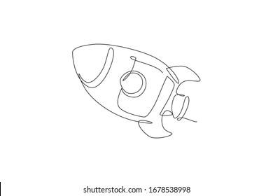 One single line drawing of simple vintage rocket takes off into the outer space graphic vector illustration. Exploration cosmos galactic with spaceship concept. Modern continuous line draw design