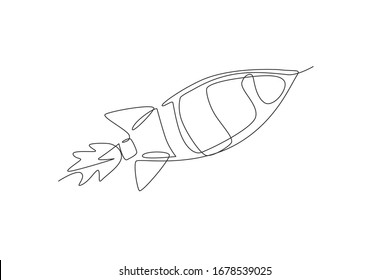 One single line drawing of simple vintage rocket takes off into the outer space vector graphic illustration. Exploration cosmos galactic with spaceship concept. Modern continuous line draw design