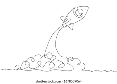 One single line drawing of simple vintage rocket takes off into the outer space vector graphic illustration. Exploration cosmos galactic with spaceship concept. Modern continuous line draw design