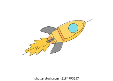One single line drawing of simple vintage rocket takes off into the outer space vector graphic illustration. Exploration cosmos galactic with spaceship concept. Modern continuous line draw design