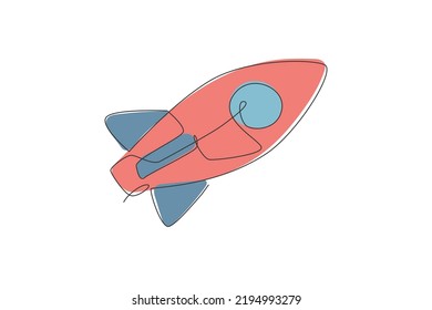 One single line drawing of simple vintage rocket takes off into the outer space vector graphic illustration. Exploration cosmos galactic with spaceship concept. Modern continuous line draw design
