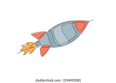 One single line drawing of simple vintage rocket takes off into the outer space vector graphic illustration. Exploration cosmos galactic with spaceship concept. Modern continuous line draw design