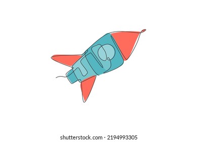 One single line drawing of simple vintage rocket takes off into the outer space vector graphic illustration. Exploration cosmos galactic with spaceship concept. Modern continuous line draw design