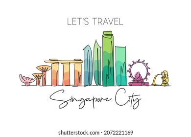 One single line drawing of Singapore city skyline. Historical town landscape in the world. Best holiday destination poster art. Editable stroke trendy continuous line draw design vector illustration