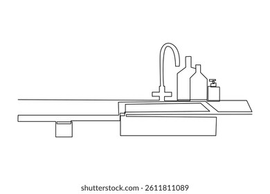 One single line drawing of sink and cutting board. Minimalist kitchenware tools concept. Dynamic continuous line draw design graphic vector illustration.