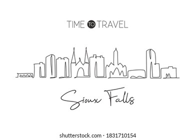 One single line drawing Sioux Falls city skyline, South Dakota. World historic town landscape. Best holiday destination postcard. Editable stroke trendy continuous line draw design vector illustration