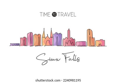 One single line drawing Sioux Falls city skyline, South Dakota. World historic town landscape. Best holiday destination postcard. Editable stroke trendy continuous line draw design vector illustration