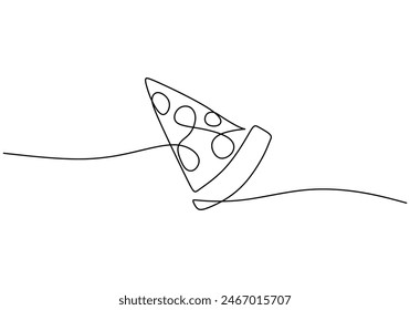 Una sola línea dibujando una rebanada fresca italiana pizza logo Vector ilustración gráfica. Comida rápida pizzería Italia menú de café y concepto de insignia de restaurante.