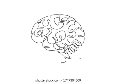 One single line drawing of smart human brain from side view logo identity. Genius idea for brain medical health icon logotype concept. Dynamic continuous line draw design vector graphic illustration