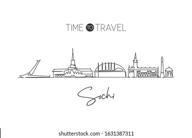 One single line drawing of Sochi city skyline, Russia. World historical town landscape postcard. Best place holiday destination. Editable stroke trendy continuous line draw design vector illustration