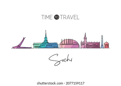 One single line drawing of Sochi city skyline, Russia. World historical town landscape postcard. Best place holiday destination. Editable stroke trendy continuous line draw design vector illustration