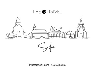 One single line drawing of Sofia city skyline, Bulgaria. Historical town landscape in the world. Best holiday destination poster. Editable stroke trendy continuous line draw design vector illustration