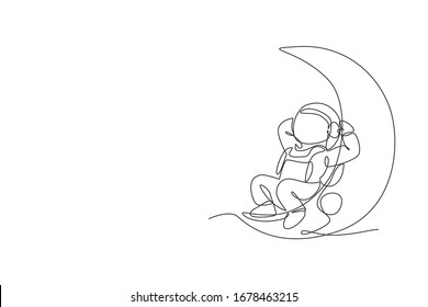 One single line drawing of space man astronaut exploring cosmic galaxy, leaning relax on crescent moon vector illustration. Fantasy outer space life fiction concept. Modern continuous line draw design