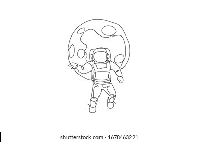 One single line drawing of space man astronaut exploring cosmic galaxy, flying in front of full moon vector illustration. Fantasy outer space life fiction concept. Modern continuous line draw design