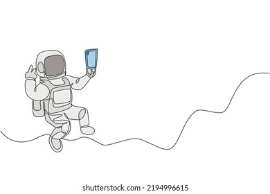 One Single Line Drawing Of Space Man Astronaut Exploring Cosmic Galaxy, Pose Selfie With Mobile Phone Vector Illustration. Fantasy Outer Space Life Fiction Concept. Modern Continuous Line Draw Design