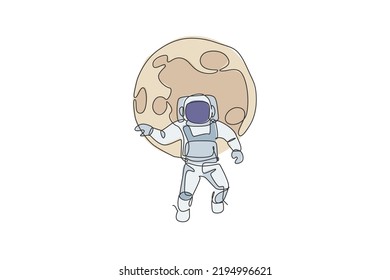 One single line drawing of space man astronaut exploring cosmic galaxy, flying in front of full moon vector illustration. Fantasy outer space life fiction concept. Modern continuous line draw design