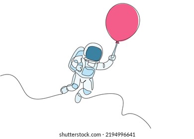 One single line drawing of space man astronaut exploring cosmic galaxy, flying with balloon vector graphic illustration. Fantasy outer space life fiction concept. Modern continuous line draw design
