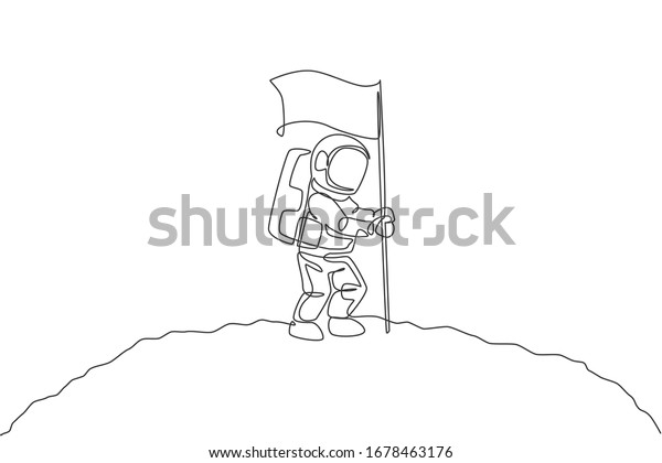 One single line drawing of space man astronaut\
exploring cosmic galaxy, and planting flag on moon surface vector\
illustration. Fantasy outer space life fiction concept. Continuous\
line draw design