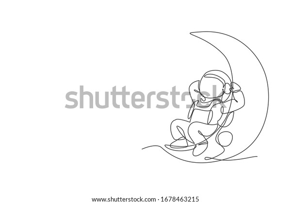 One single line drawing of space man astronaut\
exploring cosmic galaxy, leaning relax on crescent moon vector\
illustration. Fantasy outer space life fiction concept. Modern\
continuous line draw\
design