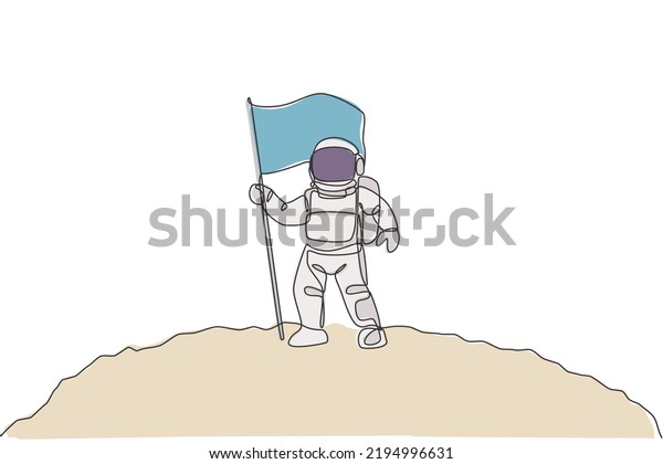 One single line drawing of space man astronaut
exploring moon surface and planting the flag to mark it vector
illustration. Fantasy outer space life fiction concept. Modern
continuous line draw
design