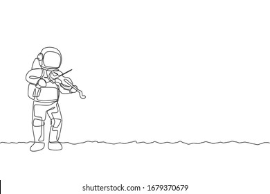 Dibujo de una sola línea de un hombre espacial tocando instrumento musical de violín en la ilustración vectorial del espacio profundo. Afiche del concierto musical con el concepto de astronauta espacial. Diseño moderno de líneas continuas
