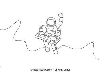 One single line drawing of spaceman playing mixer dj musical instrument in deep space vector illustration. Music concert poster with space astronaut concept. Modern continuous line graphic draw design