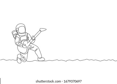 One single line drawing of spaceman playing acoustic guitar musical instrument in deep space vector illustration. Music concert poster with space astronaut concept. Modern continuous line draw design