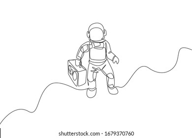 One single line drawing of spaceman flying and bringing retro radio in deep space graphic vector illustration. Music concert poster with space astronaut concept. Modern continuous line draw design