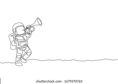 One single line drawing spaceman playing trumpet musical instrument in moon surface graphic vector illustration. Music concert poster with space astronaut concept. Modern continuous line draw design