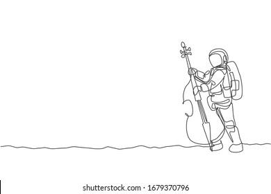 One single line drawing of spaceman cellist playing cello musical instrument on moon surface vector illustration. Music concert poster with space astronaut concept. Modern continuous line draw design