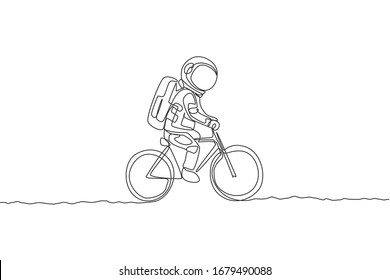 One single line drawing of spaceman astronaut riding bicycle on moon surface, cosmic galaxy vector illustration. Healthy space cosmonaut lifestyle sport concept. Modern continuous line draw design