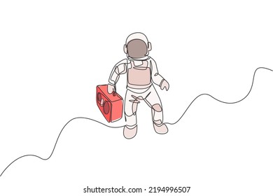 One single line drawing of spaceman flying and bringing retro radio in deep space graphic vector illustration. Music concert poster with space astronaut concept. Modern continuous line draw design
