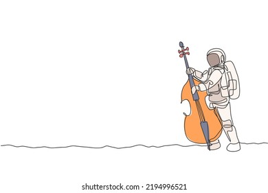 One single line drawing of spaceman cellist playing cello musical instrument on moon surface vector illustration. Music concert poster with space astronaut concept. Modern continuous line draw design