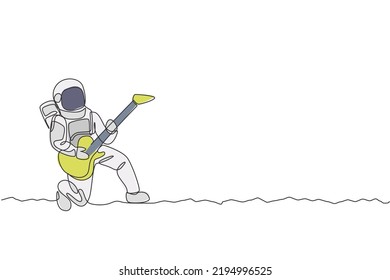 One single line drawing of spaceman playing acoustic guitar musical instrument in deep space vector illustration. Music concert poster with space astronaut concept. Modern continuous line draw design