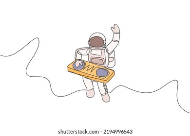 One single line drawing of spaceman playing mixer dj musical instrument in deep space vector illustration. Music concert poster with space astronaut concept. Modern continuous line graphic draw design