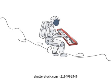 One single line drawing of spaceman playing keyboard musical instrument in deep space graphic vector illustration. Music concert poster with space astronaut concept. Modern continuous line draw design