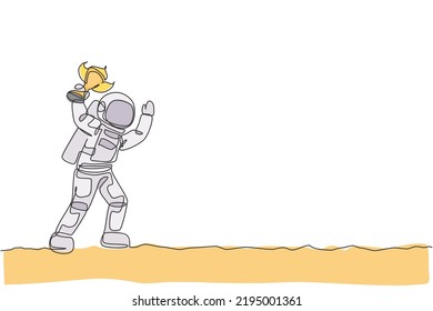 One single line drawing of spaceman astronaut holding trophy on moon surface, cosmic galaxy vector illustration. Healthy space cosmonaut lifestyle sport concept. Modern continuous line draw design