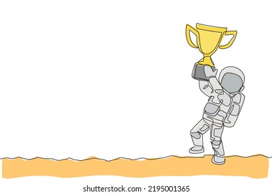 One single line drawing of spaceman astronaut holding winning trophy in cosmic galaxy vector illustration. Healthy outer space cosmonaut lifestyle sport concept. Modern continuous line draw design