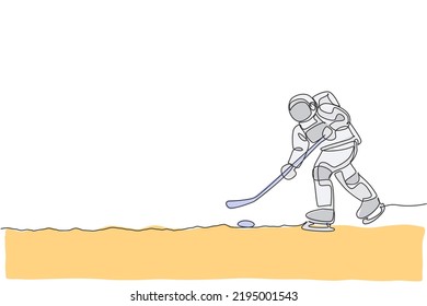 One single line drawing spaceman astronaut practicing ice hockey in cosmic galaxy vector graphic illustration. Healthy outer space cosmonaut lifestyle sport concept. Modern continuous line draw design