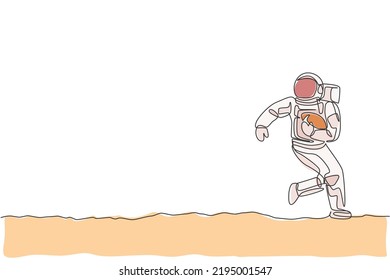 One single line drawing spaceman astronaut practices American football in cosmic galaxy vector illustration. Healthy outer space cosmonaut lifestyle sport concept. Modern continuous line draw design