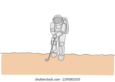 One single line drawing of spaceman astronaut practicing golf on moon surface, cosmic galaxy vector illustration. Healthy space cosmonaut lifestyle sport concept. Modern continuous line draw design