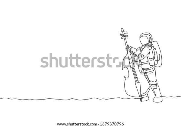One single line drawing of spaceman cellist\
playing cello musical instrument on moon surface vector\
illustration. Music concert poster with space astronaut concept.\
Modern continuous line draw\
design